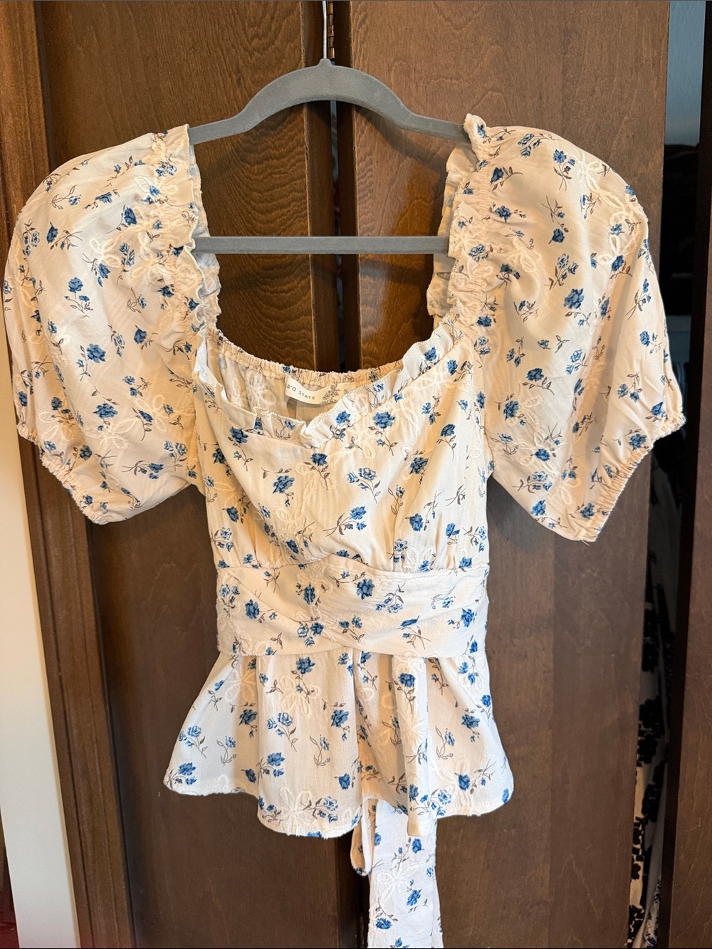 Altar'd State Cream Blouse with Blue Floral Print Peplum